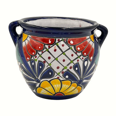 Front of Michoacano Mexican Talavera Pot - Dark Blue Trim